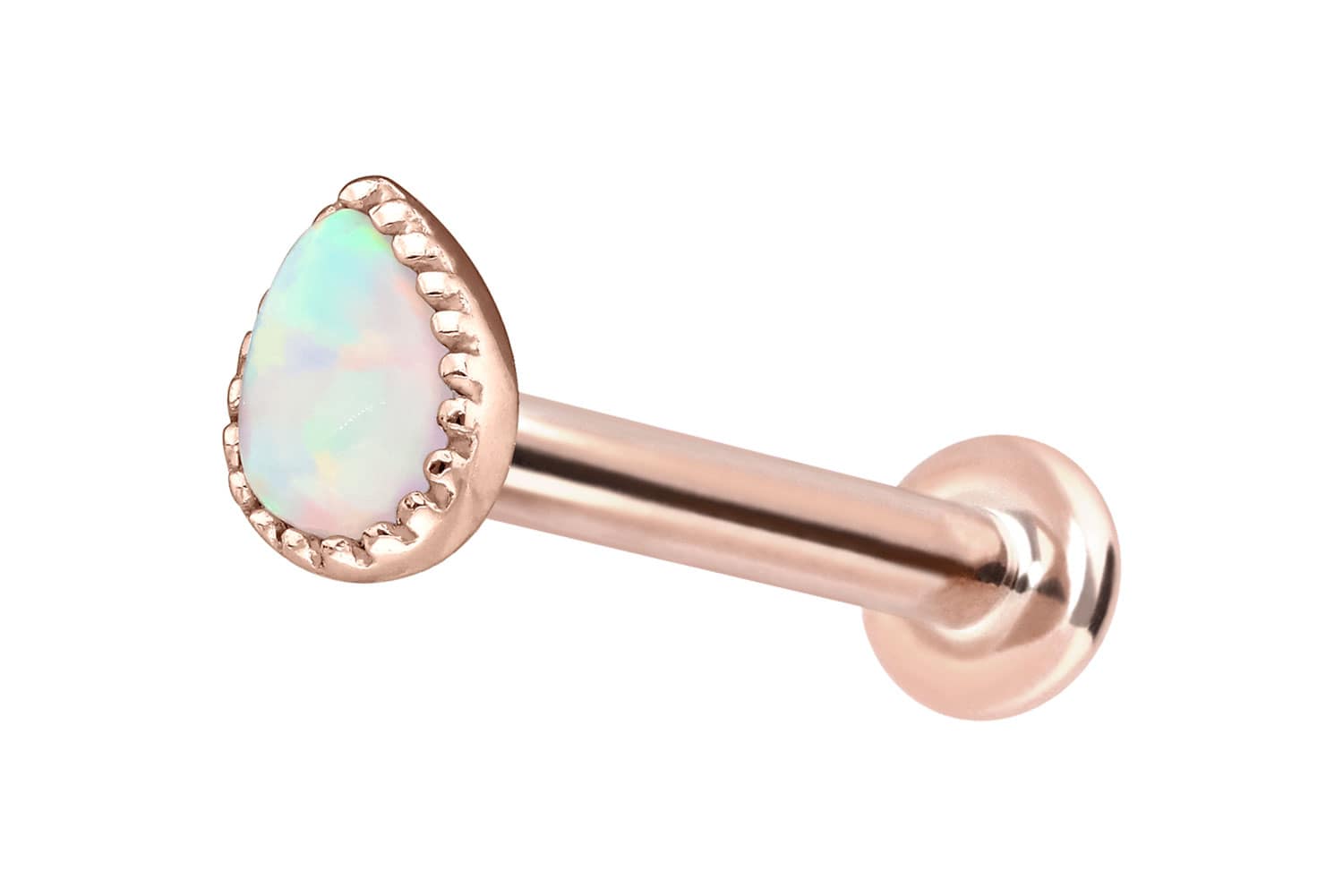 14 Karat Gold Labret Piercing mit Push Fit SYNTHETISCHER OPALTROPFEN